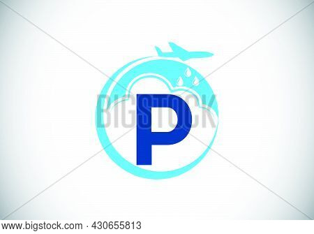 Initial P Monogram Alphabet With An Airplane And Cloud. Artificial Rainmaking. Cloud Seeding Logo. M