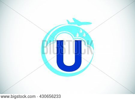 Initial U Monogram Alphabet With An Airplane And Cloud. Artificial Rainmaking. Cloud Seeding Logo. M