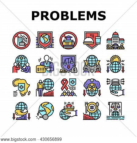Social Public Problems Worldwide Icons Set Vector. Children And Ageing Human Social Problems, Democr