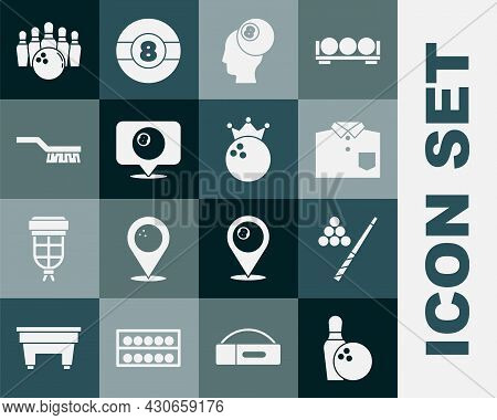 Set Bowling Pin And Ball, Billiard Cue, Shirt, Location With Billiard, Pool Table Brush, And Icon. V