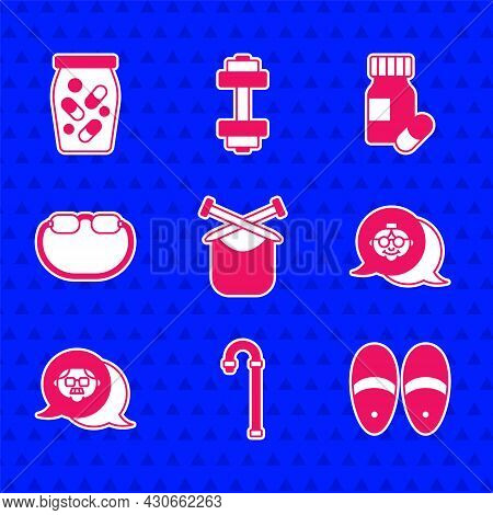 Set Knitting, Walking Stick Cane, Slippers, Grandmother, Grandfather, Eyeglasses, Medicine Bottle Pi