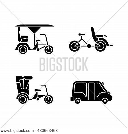 Vehicle For Hire Black Glyph Icons Set On White Space. Bicitaxi. Three-wheel Bicycle. Tourists Trans