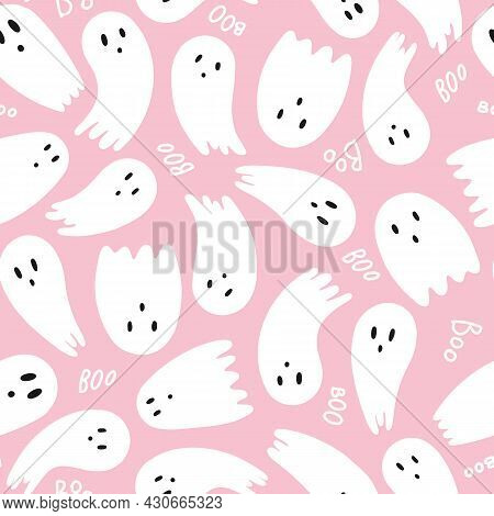 Pink Cute Halloween Ghost Repeat Pattern Print