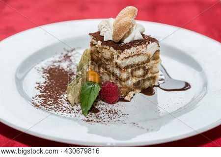 For Dessert, Delicious Tiramisu With Fruits - Close-up