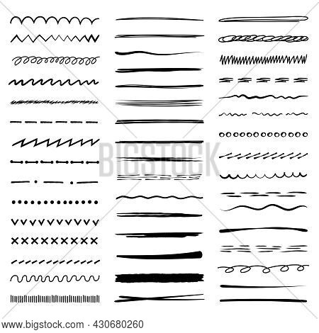 Pencil Hand Drawn Lines. Sketch Scribbles Collection Dividers Chalk Lines Dots Recent Vector Doodle 