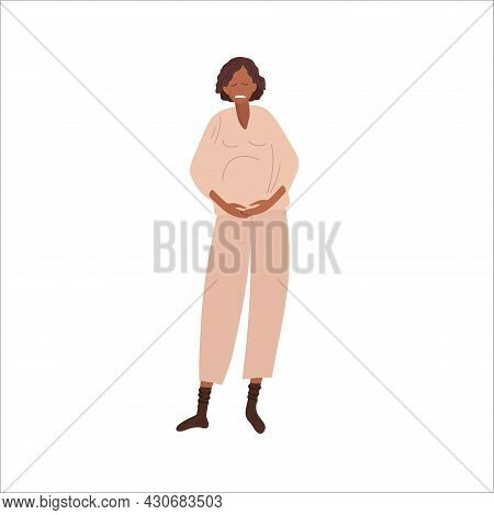Abdominal Pain During Pregnancy. Pregnant Woman Holding Her Belly, Risk Of Preterm Birth. African Am