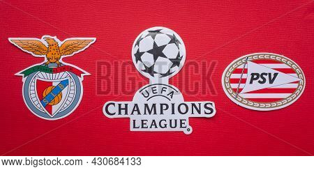 8 August 2021 Lisbon, Portugal. The Emblems Of The Psv Eindhoven And S.l. Benfica Lisbon And The Uef