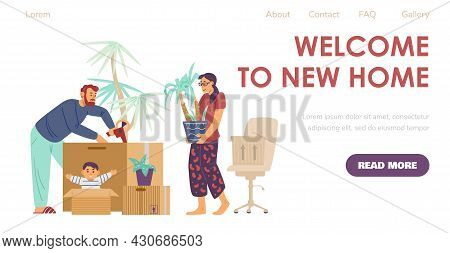 Welcome To New Home Website With New Settlers, Flat Vector Illustration.