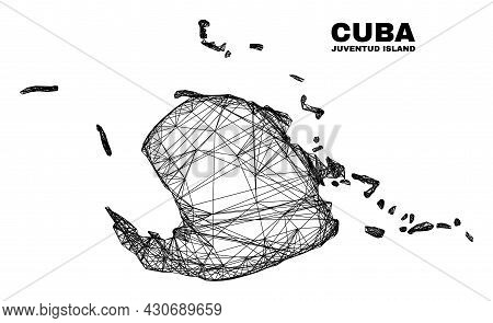Wire Frame Irregular Mesh Juventud Island Map. Abstract Lines Are Combined Into Juventud Island Map.