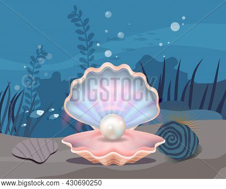 Underwater Ocean Fauna With Fishes And Seaweed. Ocean Bottom With Marine Life Reprsentatives. Marine