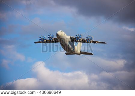 Ukraine, Kyiv - August 18, 2021: Antonov An-70 Military Cargo Aircraft. Large Ukrainian Four-propell