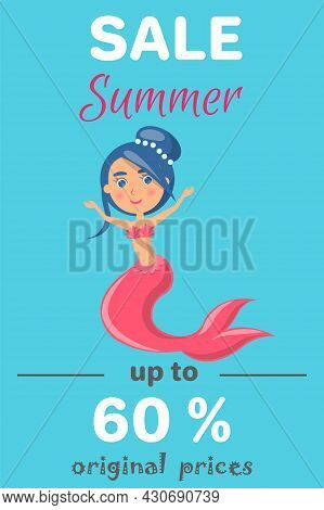 Summer Sale With Mermaid At Sea. Advertising Banner With Underwater Life Of Sea Creature. Nixie On B