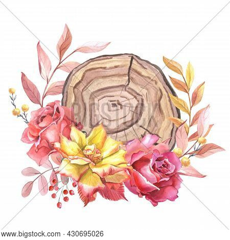 Watercolour Arrangement Of Roses And Leaves. Autumn Composition Withy Yellow, Pink Rose