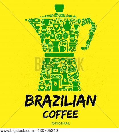 A Set Of Green Brazilian Icons And Symbols Against Yellow Background.