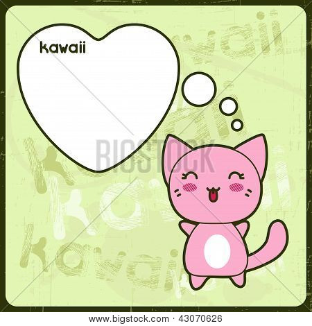 Tarjeta de Kawaii con lindo gato en el fondo del grunge.