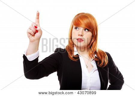 Businesswoman ปุ่มกดหรือบางสิ่งบางอย่าง