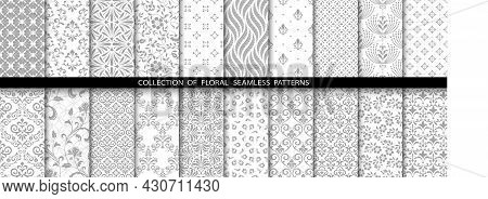 Geometric Floral Set Of Seamless Patterns. Gray And White Vector Backgrounds. Simple Illustrations.