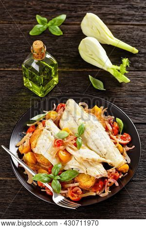 Acqua Pazza, Italian Poached Fish In A Tomato And White Wine Based Sauce With Fennel, Herbs And Cris