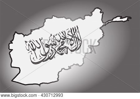 Flag Of The Islamic Republic Of Afghanistan On An Outline Map. Flag In The Form Of A Calligraphicall