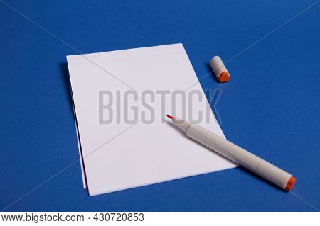Top View Of A Composition With Watercolor Marker Or Felt-tip Pens On White Blank Sheet Of Paper With