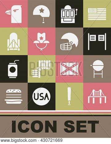 Set Golden Gate Bridge, Barbecue Grill, Saloon Door, Slot Machine, Western Cowboy Hat, Rocket Launch