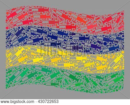 Mosaic Waving Mauritius Flag Designed Of Syringe Items. Vector Addiction Collage Waving Mauritius Fl