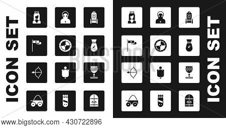 Set Medieval Throne, Round Wooden Shield, Flag, Princess, Old Money Bag, Monk, Goblet And Bow And Ar