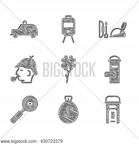 Set Four Leaf Clover, Money Bag With Pound, London Phone Booth, Mail Box, Magnifying Glass, Sherlock