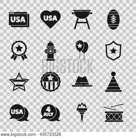 Set Drum And Drum Sticks, Party Hat, Police Badge, Barbecue Grill, Fire Hydrant, Medal With Star, Us