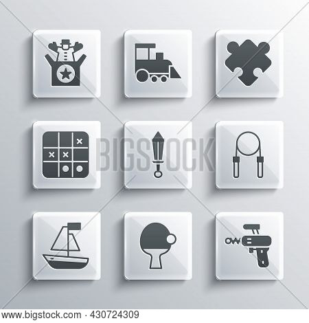 Set Racket And Ball, Ray Gun, Jump Rope, Sword Toy, Toy Boat, Tic Tac Toe Game, Jack In The Box And 