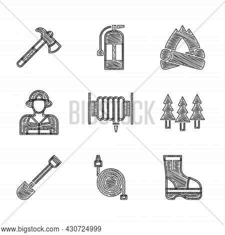 Set Fire Hose Reel, Boots, Forest, Shovel, Firefighter, Campfire And Axe Icon. Vector