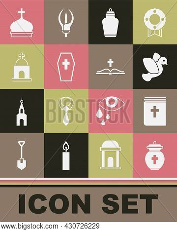 Set Funeral Urn, Holy Bible Book, Dove, Coffin With Cross, Old Crypt, Church Tower And Icon. Vector
