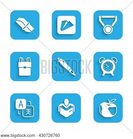 Set Marker Pen, Man Reading Book, Apple, Alarm Clock, Translator, School Backpack, Medal And Eraser 