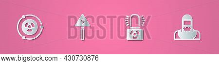 Set Paper Cut Radioactive, High Voltage Sign, Warning Lamp And Nuclear Reactor Worker Icon. Paper Ar
