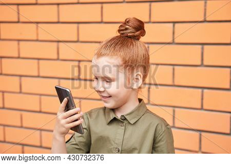 Pretty Face. Cute School Child Taking Selfie. Active Vacation. Small People. Online Video Call. Happ