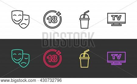 Set Line Comedy And Tragedy Masks, Plus 18 Movie, Paper Glass With Water And Smart Tv On Black And W