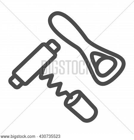 Corkscrew And Bottle Opener Line Icon, Bar Concept, Cork Screw And Can Opener Vector Sign On White B