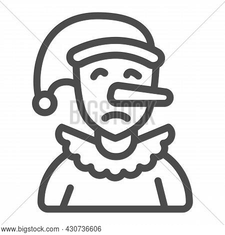 Sad Pinocchio Doll With A Long Nose Line Icon, Theater Concept, Pinnochio Vector Sign On White Backg