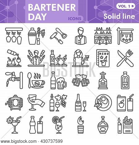 Bartender Line Icon Set, Alcoholic Beverages Symbols Collection Or Sketches. Bar And Pub Soild Line 