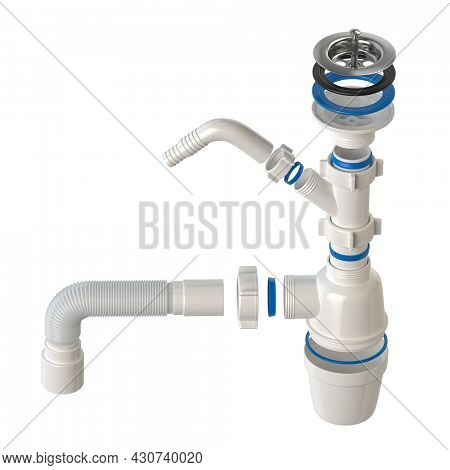 Siphon with bottle trap structure and parts isolated on white. 3d illustration