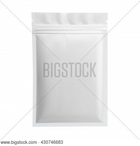 Paper Pouch Vector Blank. White Sachet Package Mockup, Small Template, Sugar Or Tea Container. Pillo