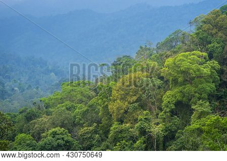 Tropical Forest With Mountains And Majestic Blue Sky And Clouds. Camping Site At Maewong National Pa