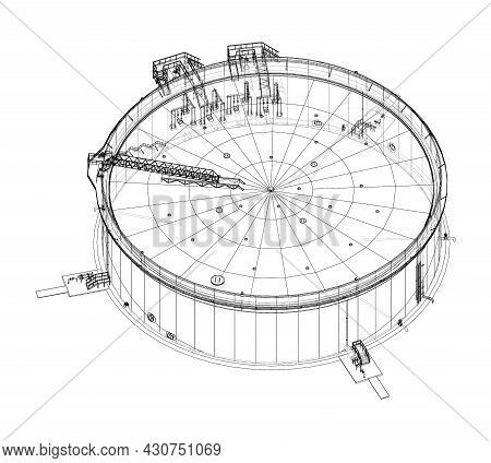 Large Oil Tank With Floating Roof. Vector Rendering Of 3d. Wire-frame Style. The Layers Of Visible A