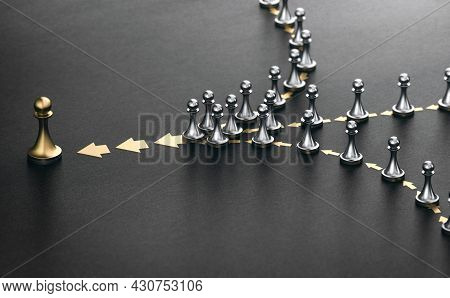 3d Illustration Of Many Pawns In A Row Over Black Background. Concept Of Lead. Following The Leader.
