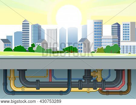 Pipeline For Various Purposes. Pipes Of Different Color Calibration. Underground Part Of System. Ill