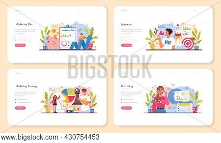 Marketer Web Banner Or Landing Page Set. Marketing Strategy And Communucation