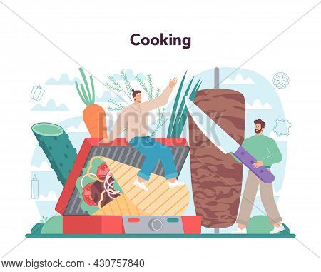 Shawarma Street Food Concept. Chef Cooking Delicious Roll With Mea