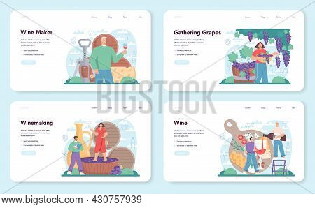 Wine Maker Web Banner Or Landing Page Set. Grape Wine In A Wood Barrel