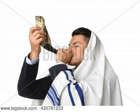 Jewish Man In Tallit Blowing Shofar On White Background. Rosh Hashanah Celebration
