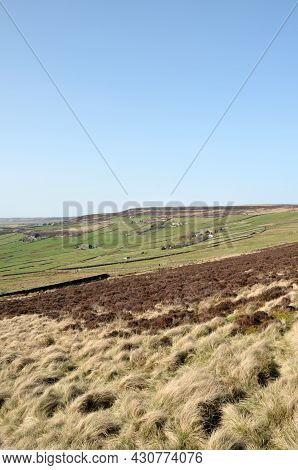 A Scenic View Of The Calder Valley In West Yorkshire With Surrounding Pennine Farms And Hills With M
